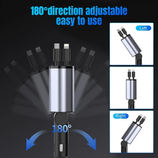 4 in 1 Retractable Car Charger Fast Charging Car Charger 120W Retractable Cable With 2 USB Ports Car Charger Adapter Compatible