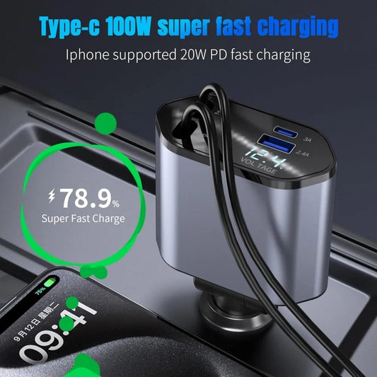 4 in 1 Retractable Car Charger Fast Charging Car Charger 120W Retractable Cable With 2 USB Ports Car Charger Adapter Compatible